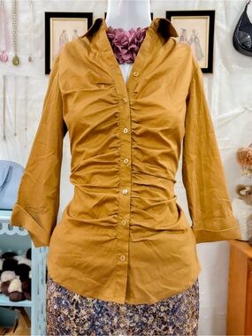 Elegant office siren chic girly gold dainty button ruched blouse